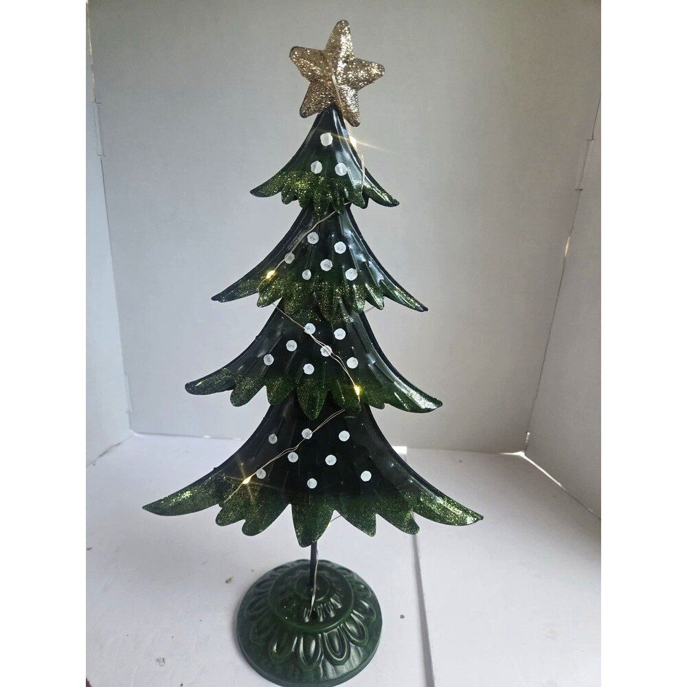 Green Metal Tabletop Decorated Christmas Tree with Gold Star & White Garland
